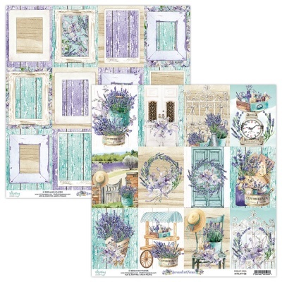 Papel decorativo para scrapbooking com padrões de lavanda, portas coloridas, madeira envelhecida e elementos campestres