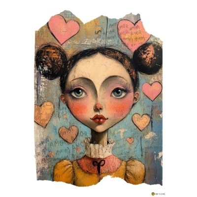 Desenho artístico de jovem mulher com cabelo em dois coques e fundo com corações