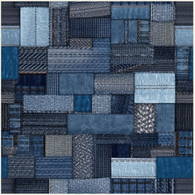 Patchwork azul de tecidos variados em diferentes texturas e padrões