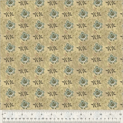 Tecido bege com padrão floral azul e castanho com régua para medição