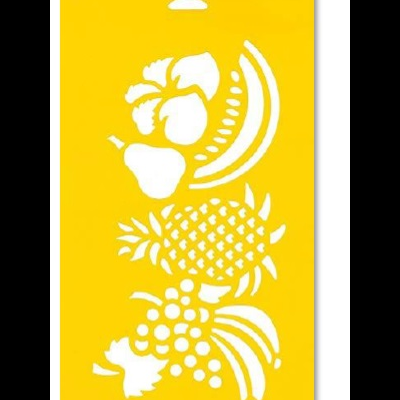 Stencil amarelo com padrões de frutas recortadas em branco