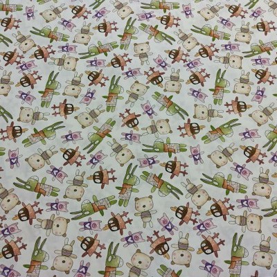 Tecido blanco com padrão de coelhinhos coloridos repetidos