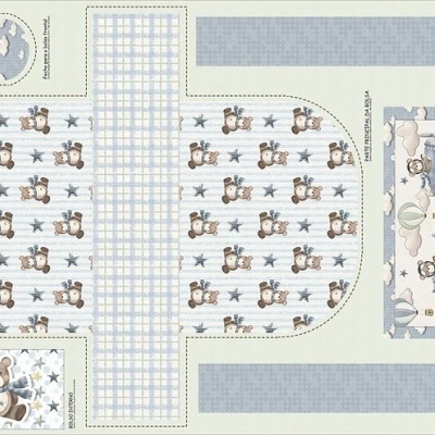 Conjunto de tecido para bebé com padrão de ursos, estrelas e riscas em azul e branco