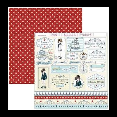Folha de papel para scrapbooking com padrão de estrelas vermelhas e etiquetas infantis com tema náutico e pirata