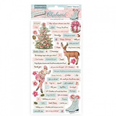 Pacote de chipboard Stamperia Sweet Winter com elementos natalícios e frases em inglês