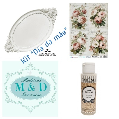 Kit de decoração com prato oval branco, papel decorativo com flores e tinta craquelada CADENCE.