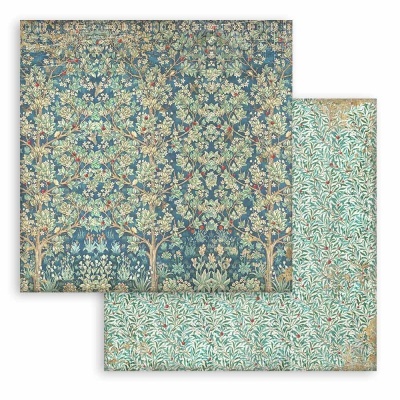 Papel decorativo com padrão floral e árvore em duas cores diferentes, azul escuro e verde claro
