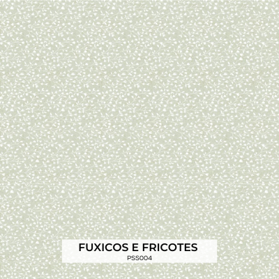 Tecido verde claro com padrão de folhas brancas e etiqueta com texto