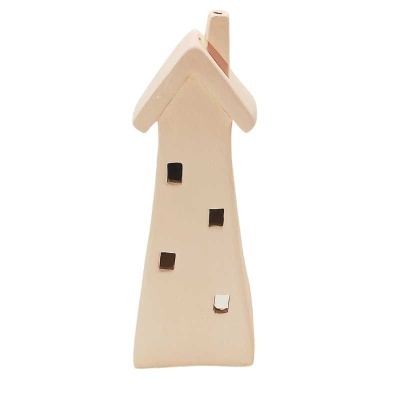 Escultura decorativa de casa em cerâmica bege com janelas quadradas