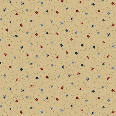 Tecido bege com estrelas coloridas azul escuro, vermelho e azul claro