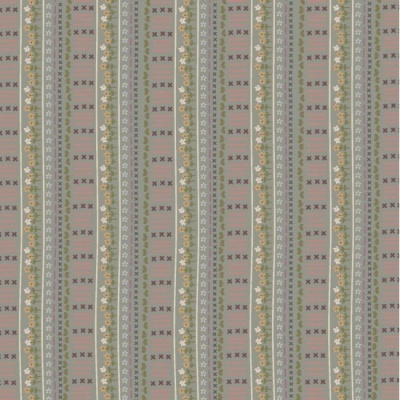 tecido listrado verde, bege e vermelho com detalhes florais brancos e amarelos