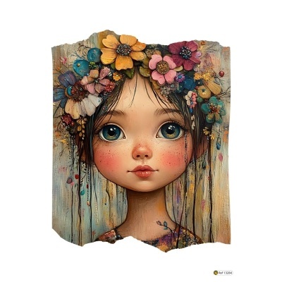 Ilustração de rapariga com flores na cabeça e fundo de madeira