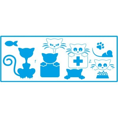 Desenhos azuis de gatos, peixe, pata e prato de comida em fundo branco