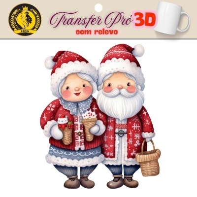 Transfer 3D com desenho de casal de Natal em trajes vermelhos e detalhes em relevo