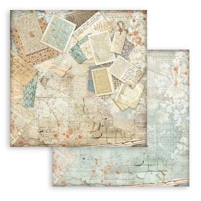 papel decorativo vintage com cartas e textos antigos em tons azuis e beges