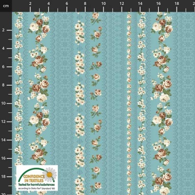 Pano azul com padrão floral em riscas verticais e etiqueta de certificação têxtil