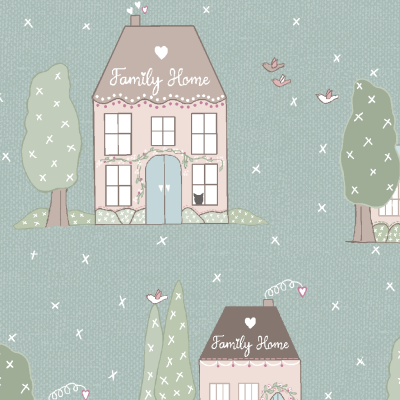 Padrão repetido de casas com texto Family Home, árvores e pássaros em fundo cinzento-azulado