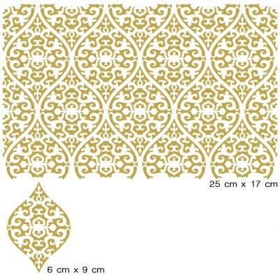 Padrão decorativo dourado em fundo branco com medidas visíveis.