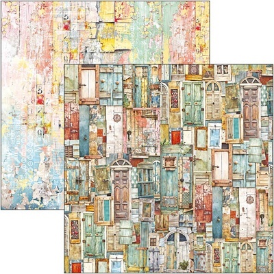 Dois padrões de papel decorativo, um com textura envelhecida em cores pastel e outro com portas antigas coloridas.