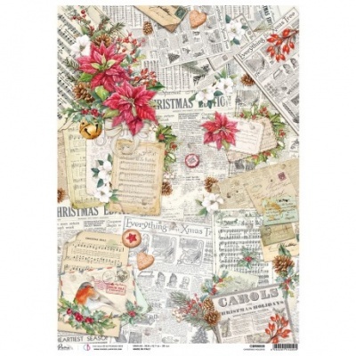 Papel decorativo natalício com flores, ramos de pinheiro, sinos, notas musicais e cartas antigas