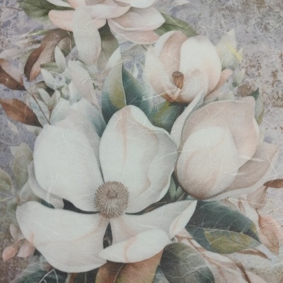 Estampa floral com flores brancas e rosas pálidas e folhas verdes sobre fundo cinza texturizado