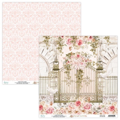 Papel decorativo com padrão floral rosa e imagem de portão dourado com rosas e pombas
