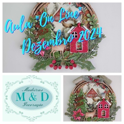 Coroa de Natal decorativa com veado e cabana vermelha, texto em azul e logo M&D Decoração