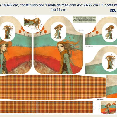 Painel para costura com peças para mala e porta moedas com design de rapariga ruiva e padrões xadrez