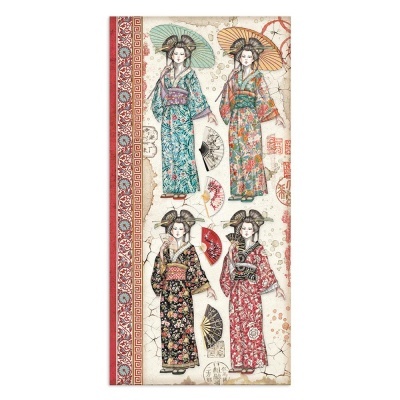 Toalha decorativa com imagens de mulheres em quimonos e detalhes orientais.