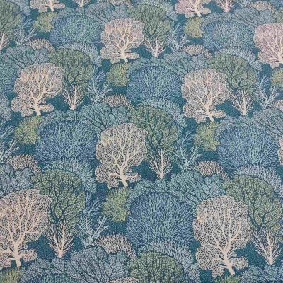 Tecido padrão recifes de corais azul e verde com detalhes em branco e bege