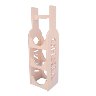 Suporte de madeira para três garrafas com recortes das palavras VINHO e VINTI