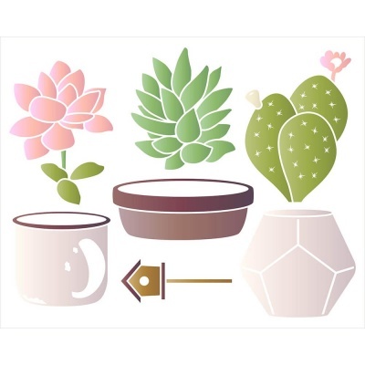 Três vasos com plantas suculentas coloridas e em estilo gráfico