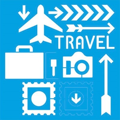 Ícones brancos sobre fundo azul relacionados a viagem, incluindo avião, mala, câmera, selos e setas