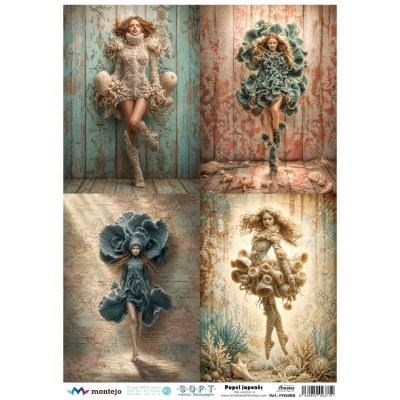 quatro fotografias de mulheres com vestidos volumosos e texturizados em fundos rústicos coloridos