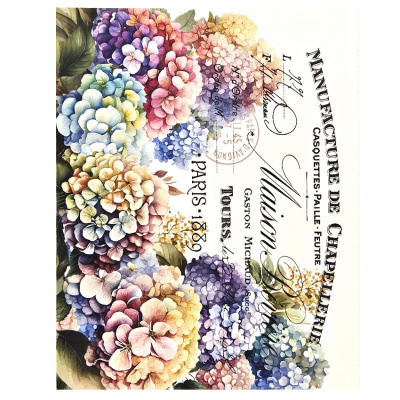 Impressão com flores coloridas e texto francês antigo
