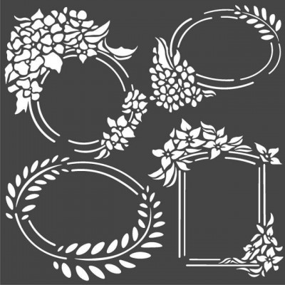 Molduras decorativas brancas com motivos florais e folhas sobre fundo cinzento