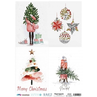 Ilustrações natalícias com árvores, ornamentos e textos Merry Christmas e Feliz Navidad
