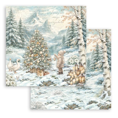 Cena de inverno com árvore de Natal decorada, criança, neve e velas em paisagem montanhosa