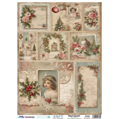 Papel japonês com padrões natalícios vintage e imagens de flores, bagas, crianças e pássaros.