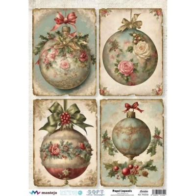 Quatro cartões decorativos com bolas de natal em estilo vintage com padrão floral e laços.
