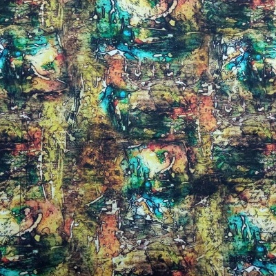 tecido abstrato colorido com tons de verde, azul, castanho e laranja