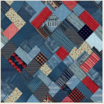 Colcha de retalhos com quadrados em azul, vermelho e bege