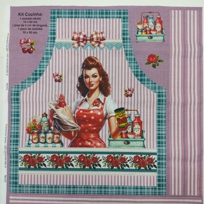 Avental de cozinha rosa com ilustração vintage e padrão floral