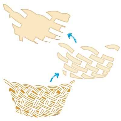 Moldes de papel recortado em padrões entrelaçados de cesta com setas azuis indicativas