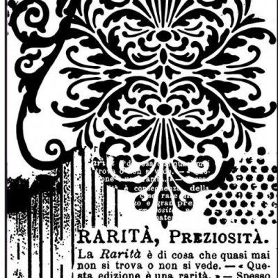 Padrão decorativo preto e branco com texto em italiano sobre raridade e preciosidade
