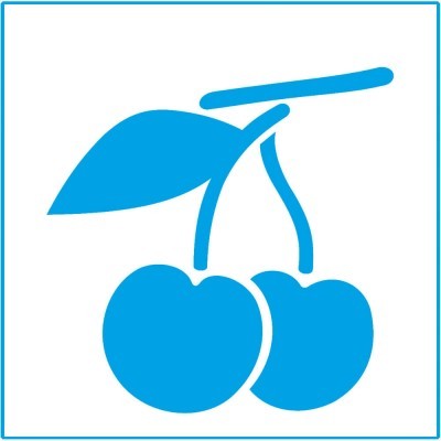 Ilustração de duas cerejas azuis com talo e folha em fundo branco