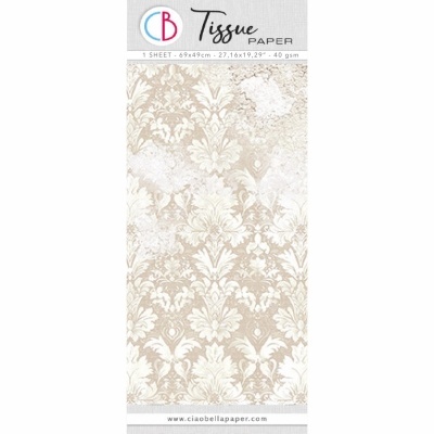 Papel tissue decorativo bege e branco com padrão floral e embalagem com texto