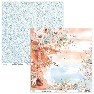 Papel decorativo para scrapbook com padrões florais e ornamentais em azul, rosa e dourado
