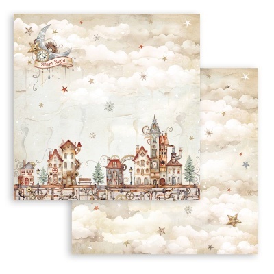 Folhas decorativas com ilustração de casas antigas, céu com nuvens, estrelas e lua com texto SILENT NIGHT