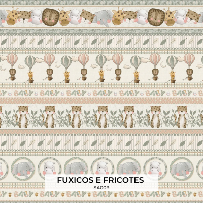 Tecido infantil com faixas de animais e texto 'FUXICOS E FRICOTES'